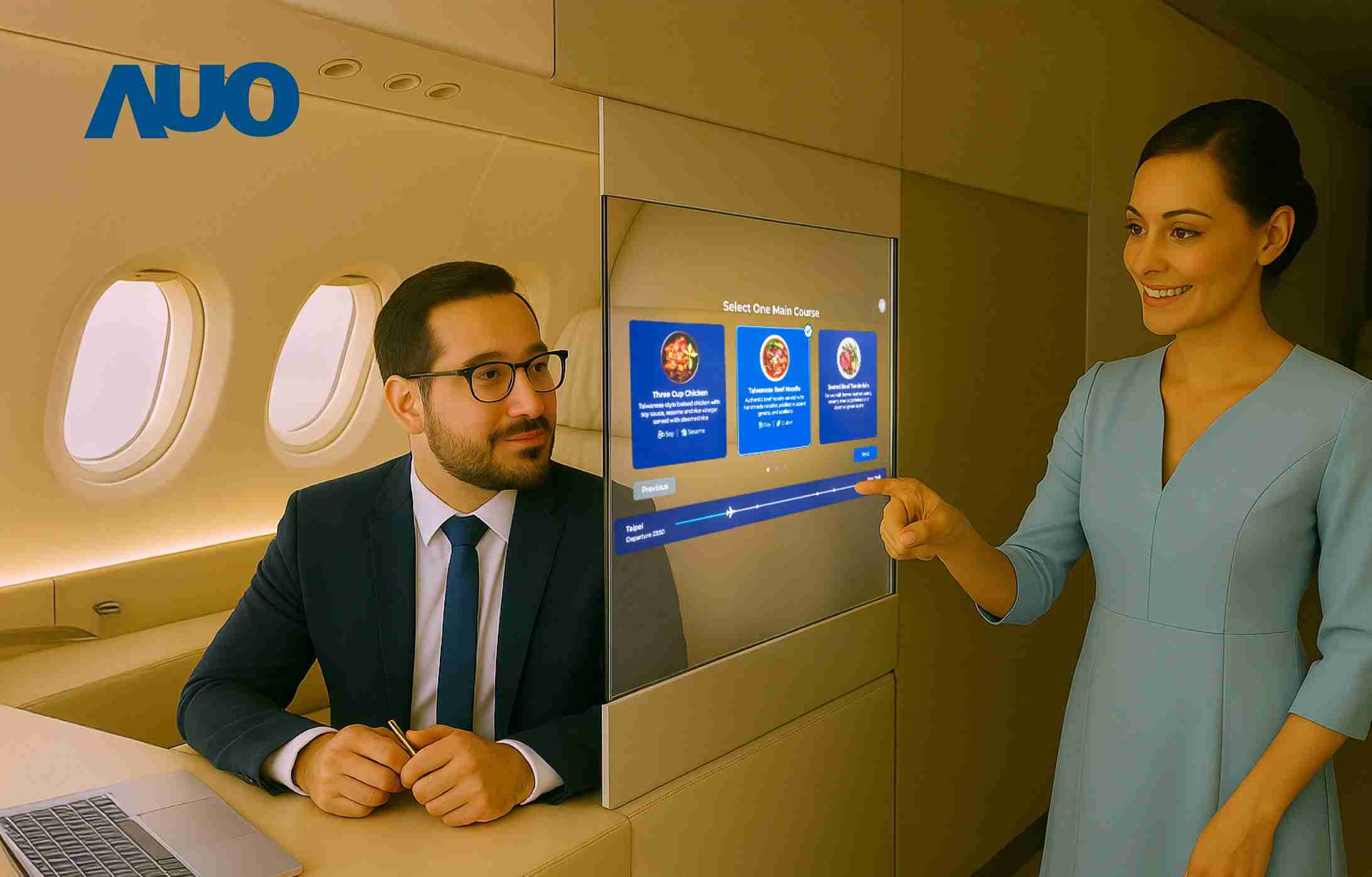 杏悦2研发全球最薄17.3 吋双面透明 Micro LED 显示器，，，，可在同一屏幕之双边投射不同信息，，创造独特的”透明化”互动；图为实时翻译交流应用情境